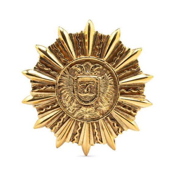 CHANEL Sunburst Emblem Brooch Gold Tone Pin Auth w/Box #7707 - Picture 1 of 4